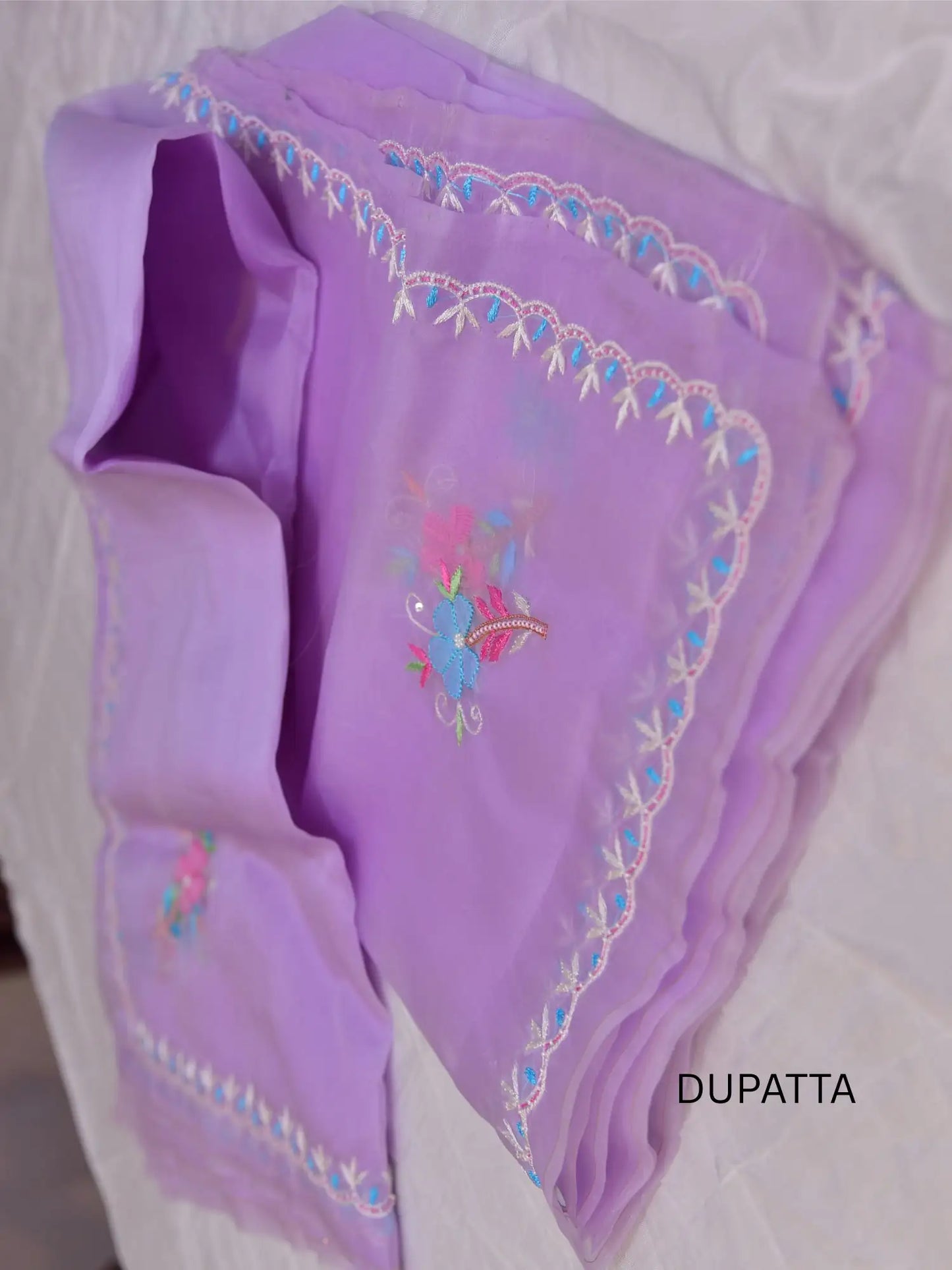 Lavender Pure Organza Silk dupatta with multicolour floral embroidery