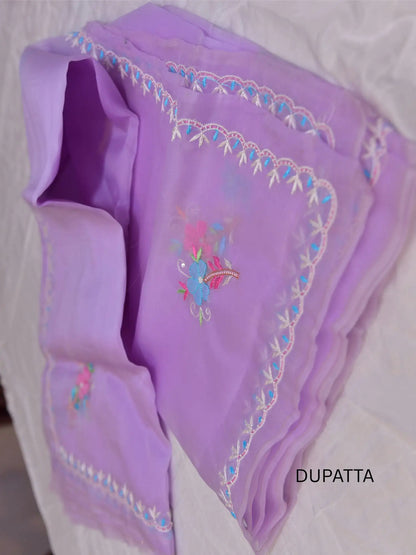Lavender Pure Organza Silk dupatta with multicolour floral embroidery