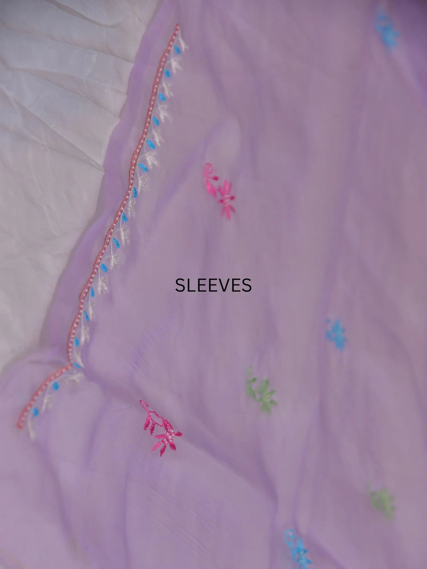 Full sleeve detail of lavender Pure Organza Silk suit with floral Parsi Shadow embroidery