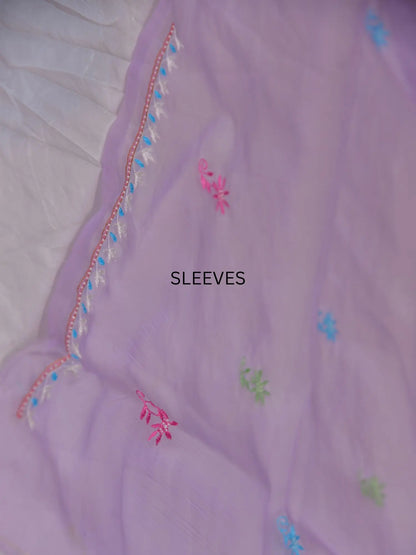 Full sleeve detail of lavender Pure Organza Silk suit with floral Parsi Shadow embroidery