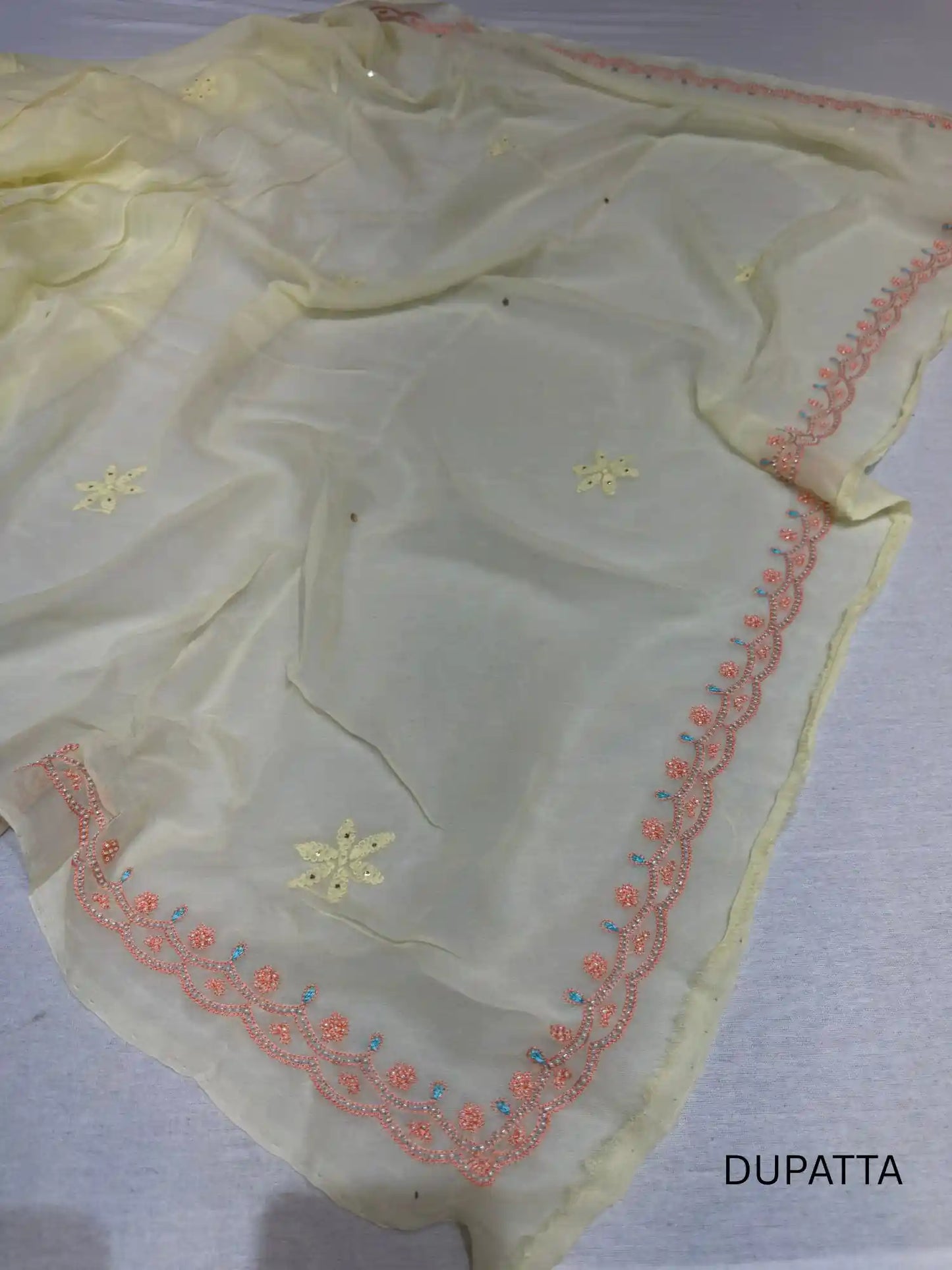 Lemon Yellow Chikankari Mukaish Parsi Zardozi dupatta with embroidered border