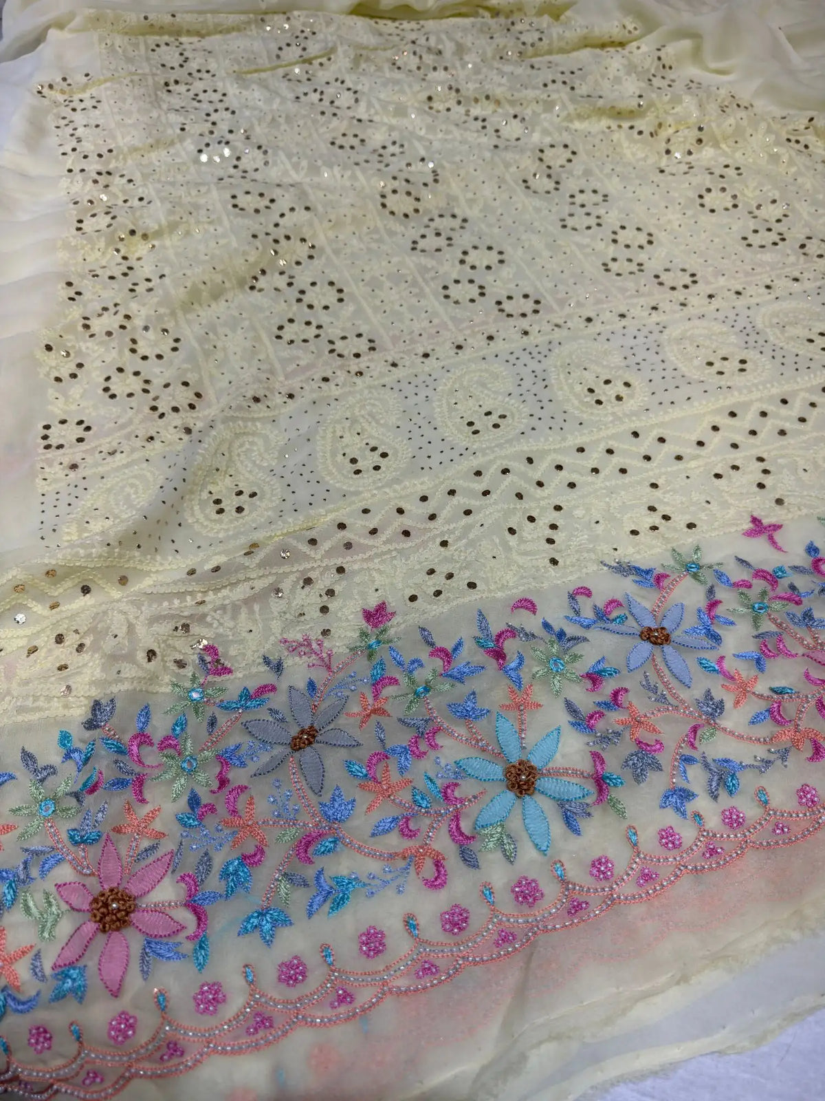 Lemon Yellow Chikankari Mukaish and Parsi Shadow Zardozi embroidery detail
