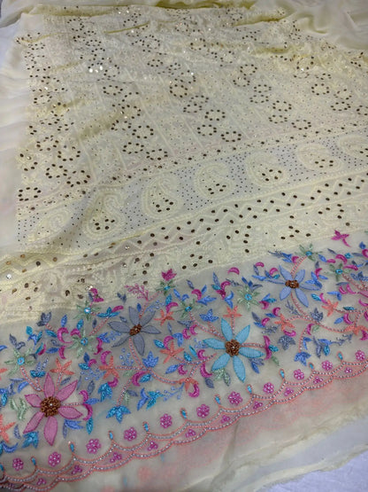 Lemon Yellow Chikankari Mukaish and Parsi Shadow Zardozi embroidery detail