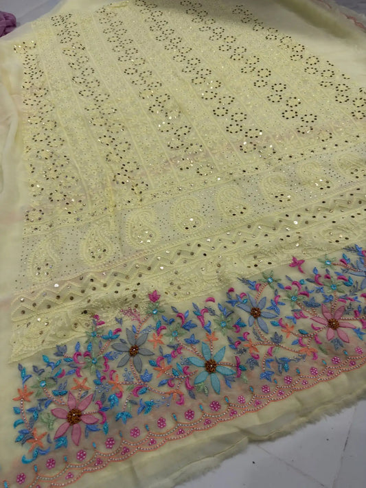 Lemon Yellow suit front detail with multicolour Chikankari floral embroidery and Parsi Shadow Zardozi work