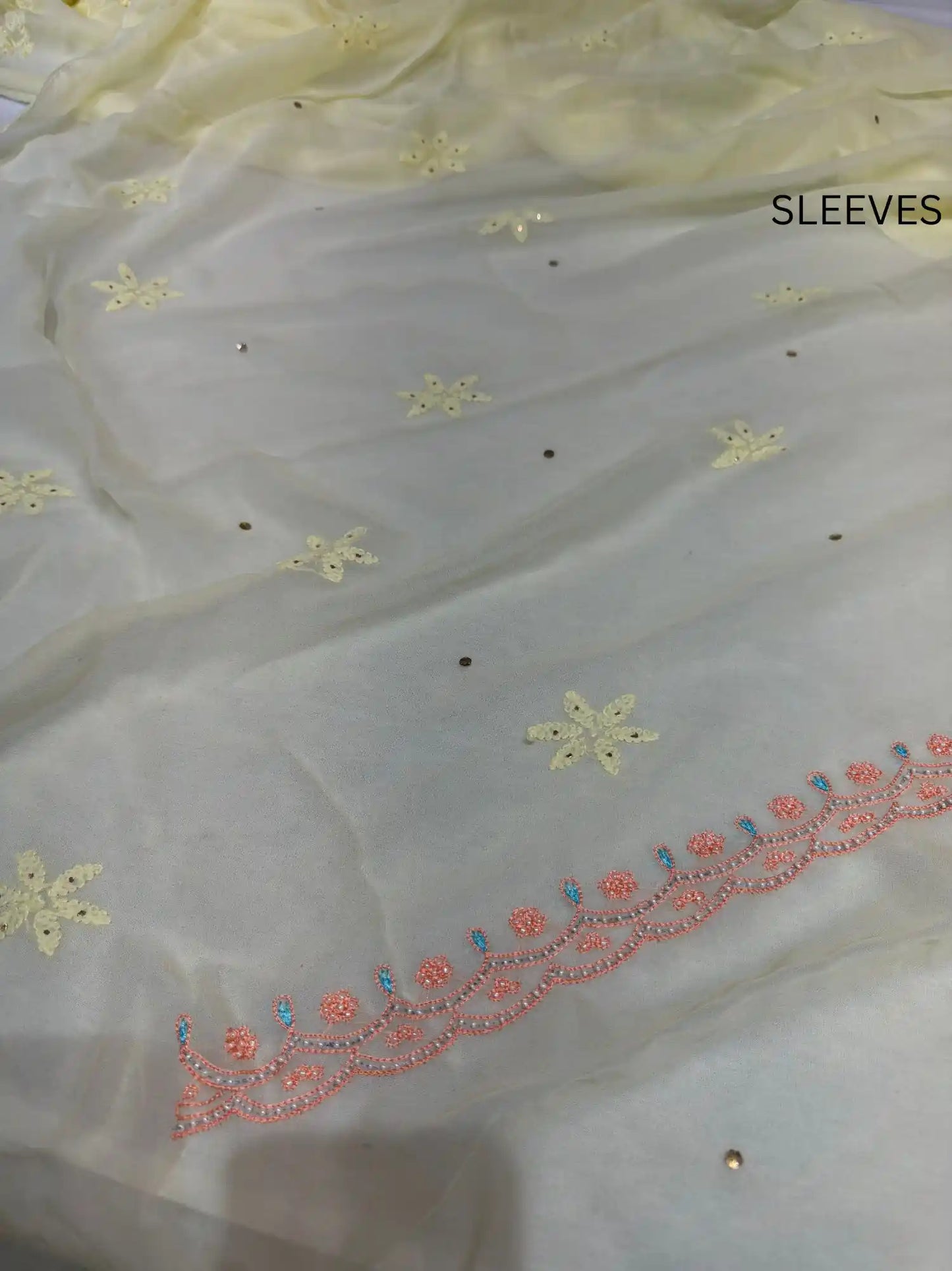 Lemon Yellow Chikankari Mukaish Parsi Shadow Zardozi embroidered sleeves
