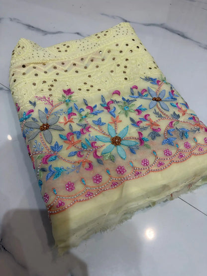 Lemon Yellow Chikankari Mukaish Parsi Zardozi unstitched suit