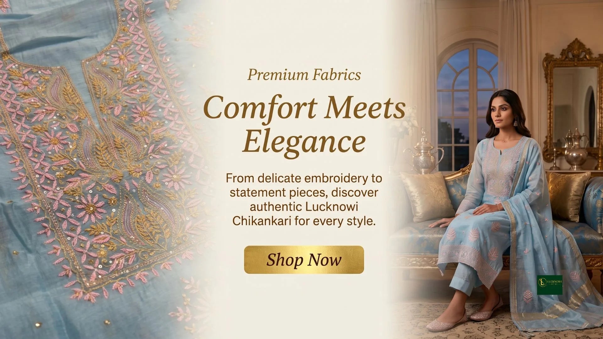 Lucknowi Chikankari premium embroidered women's ethnic wear featuring handcrafted chikankari kurta set with elegant dupatta 
