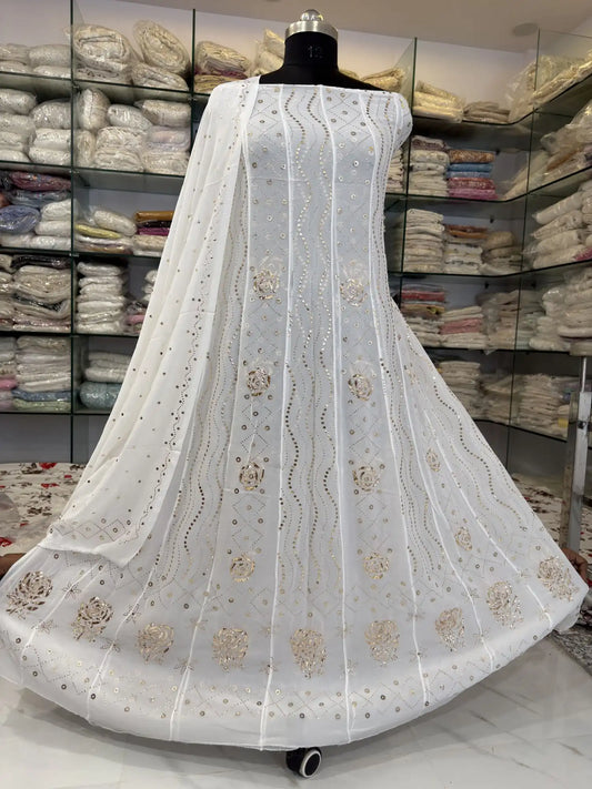 Lucknowi Chikankari dyeable Viscose Georgette Anarkali with gold-toned Mukaish work