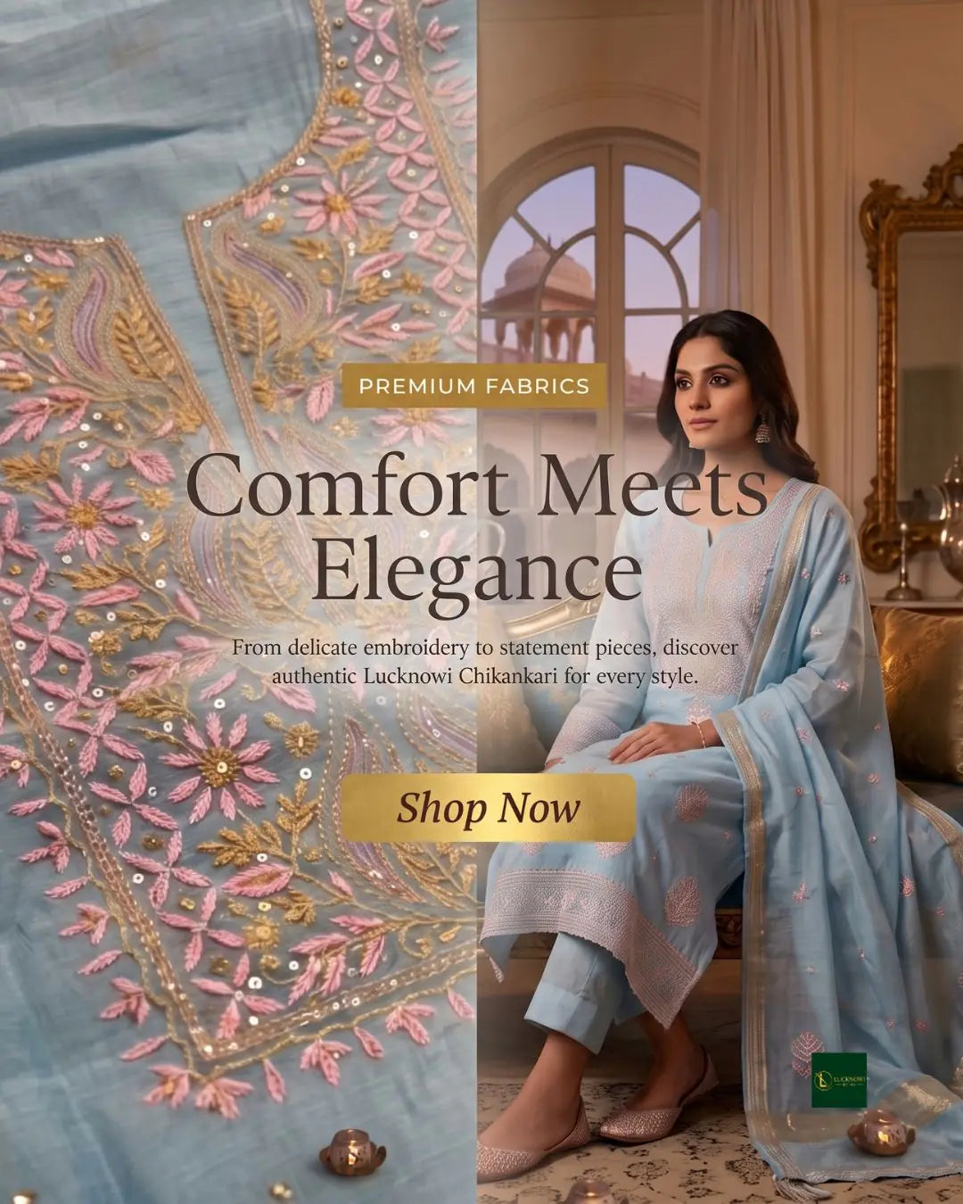 Lucknowi Chikankari embroidered women's wear featuring handcrafted chikankari