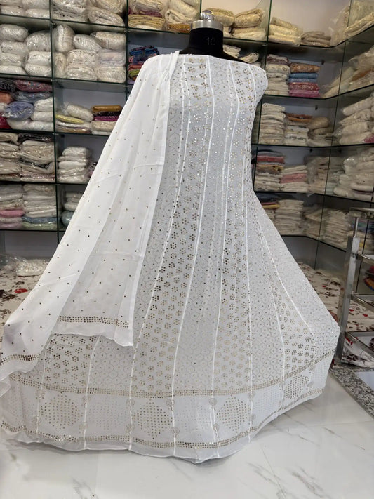Front of Lucknowi Chikankari Viscose Georgette Anarkali with all-over gold-toned Mukaish handwork