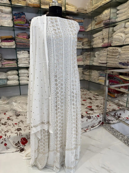 Front view of Lucknowi Chikankari Viscose Georgette Anarkali with all-
over gold-toned Mukaish handwork
