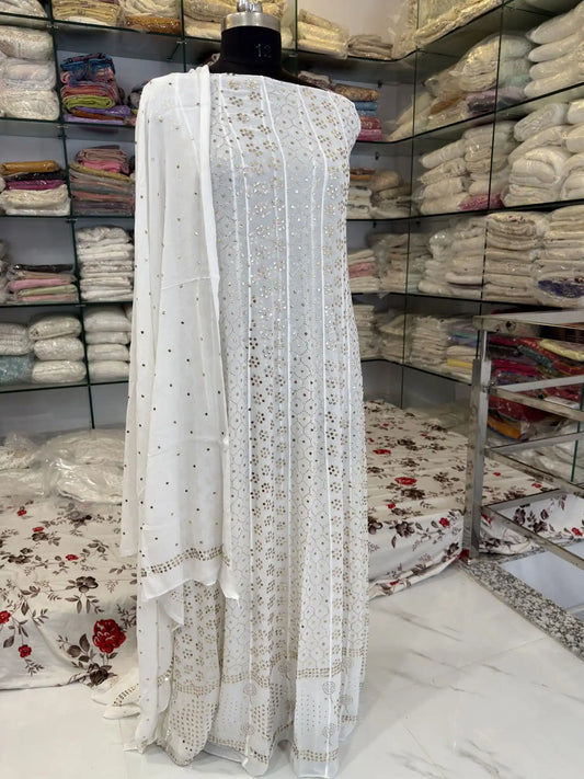 Front view of Lucknowi Chikankari Viscose Georgette Anarkali with all-
over gold-toned Mukaish handwork