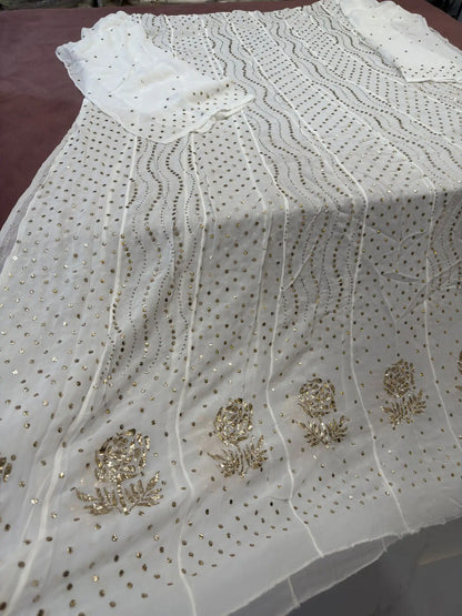 Back view of handcrafted Lucknowi dress with gold-toned Mukaish work
