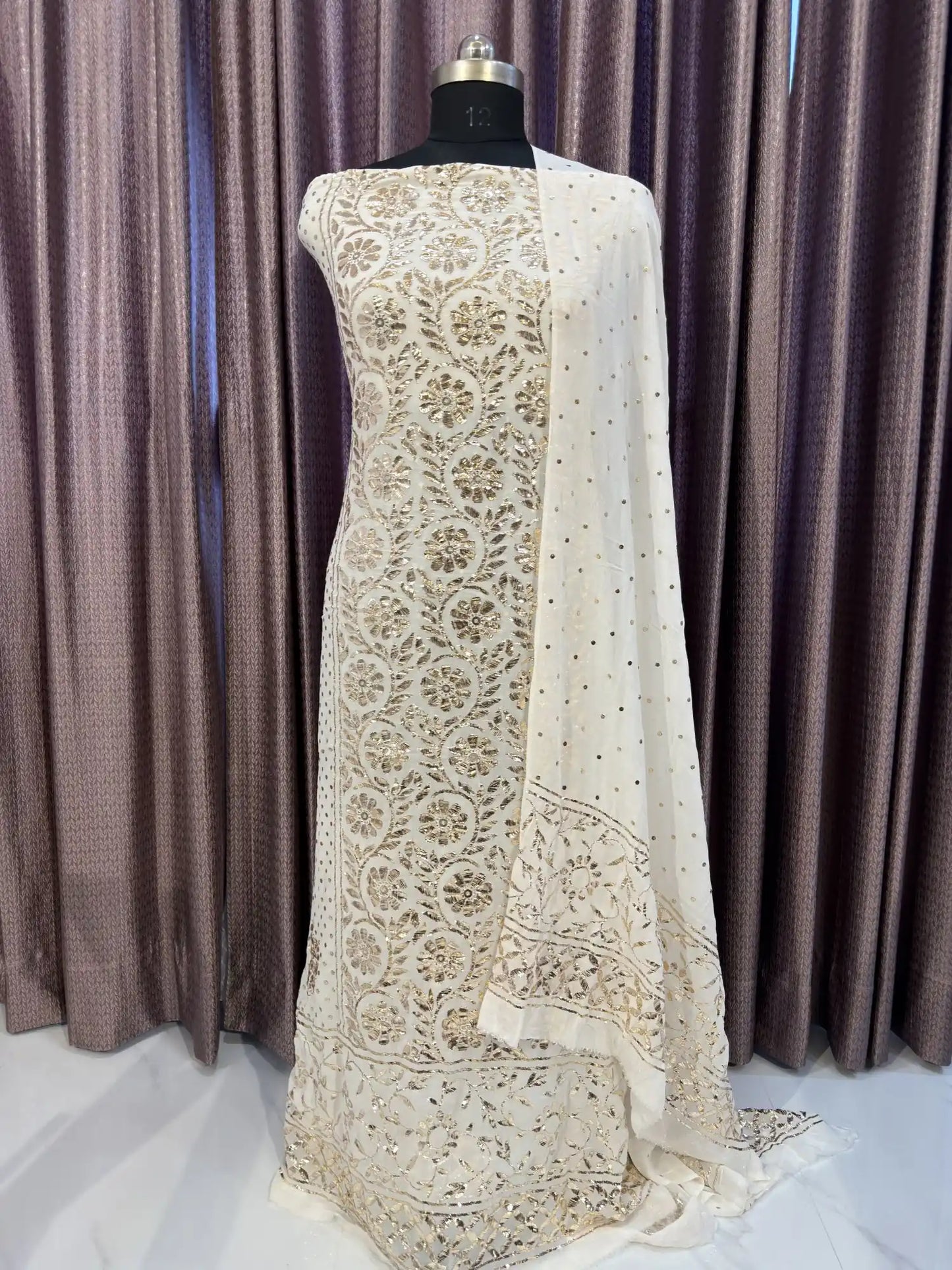 White Lucknowi Floral Jaal Kurta Set in Pure Georgette with handcrafted Badla and Mukaish work