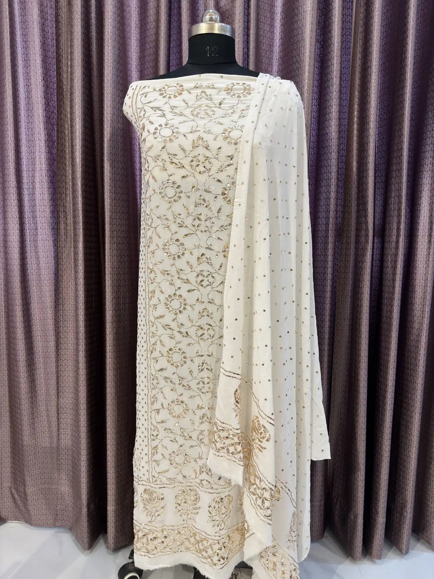 Off white Lucknowi Kurta Set in Pure Georgette with heavy Mukaish and Badla embroidery