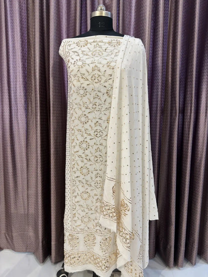 Off white Lucknowi Kurta Set in Pure Georgette with heavy Mukaish and Badla embroidery