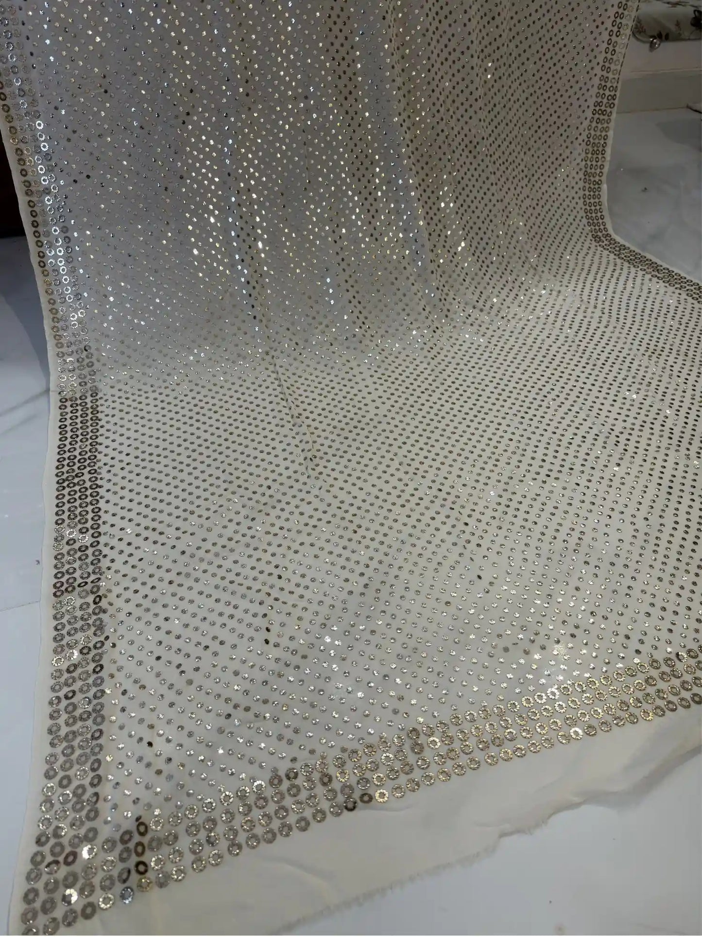 White Lucknowi Mukaish dupatta in Pure Georgette with handcrafted Badla and Kamdani work
