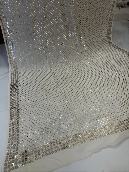 White Lucknowi Mukaish dupatta in Pure Georgette with handcrafted Badla and Kamdani work