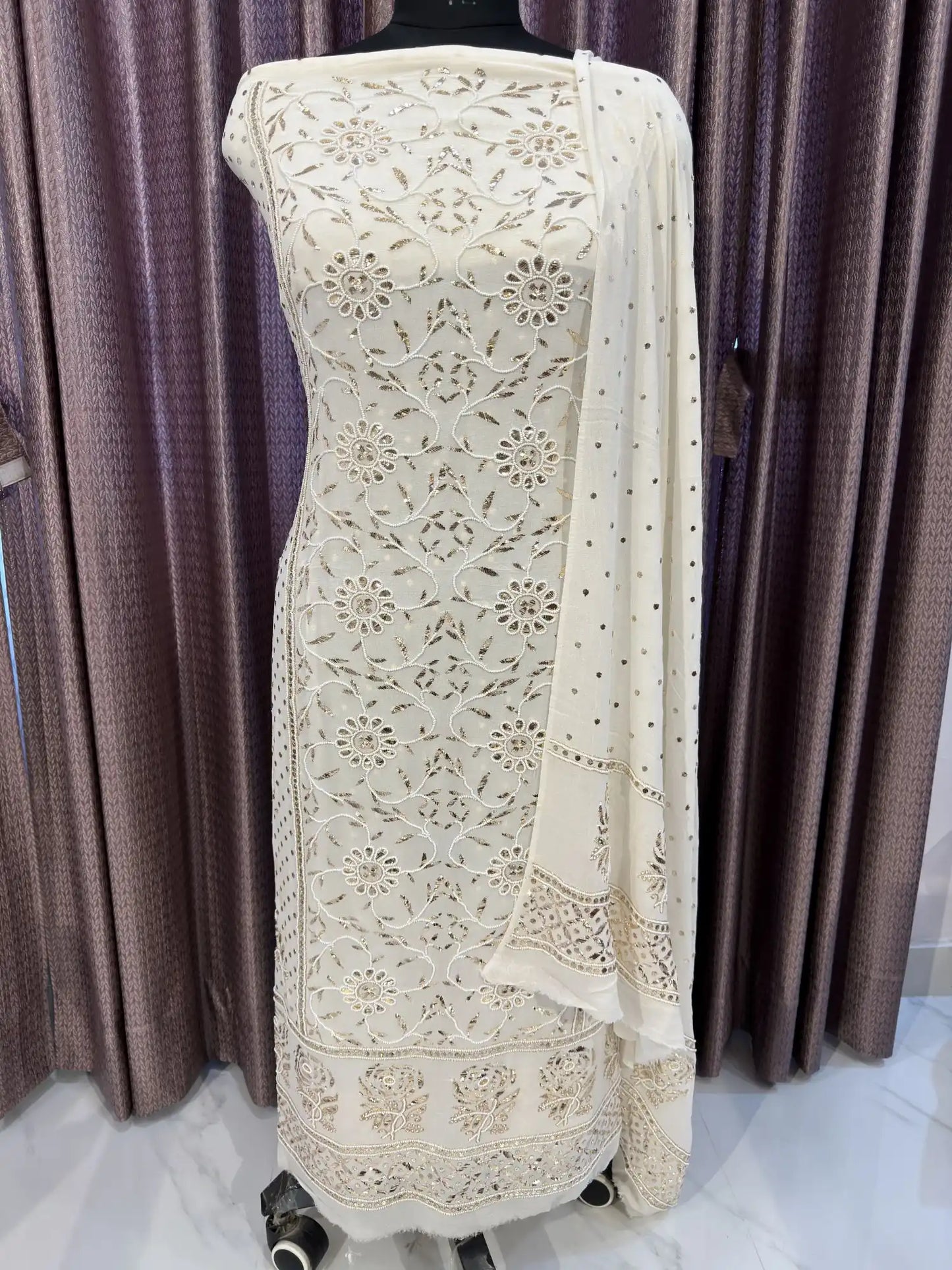 White Lucknowi Kurta Set with handcrafted pearl, Badla and Mukaish work