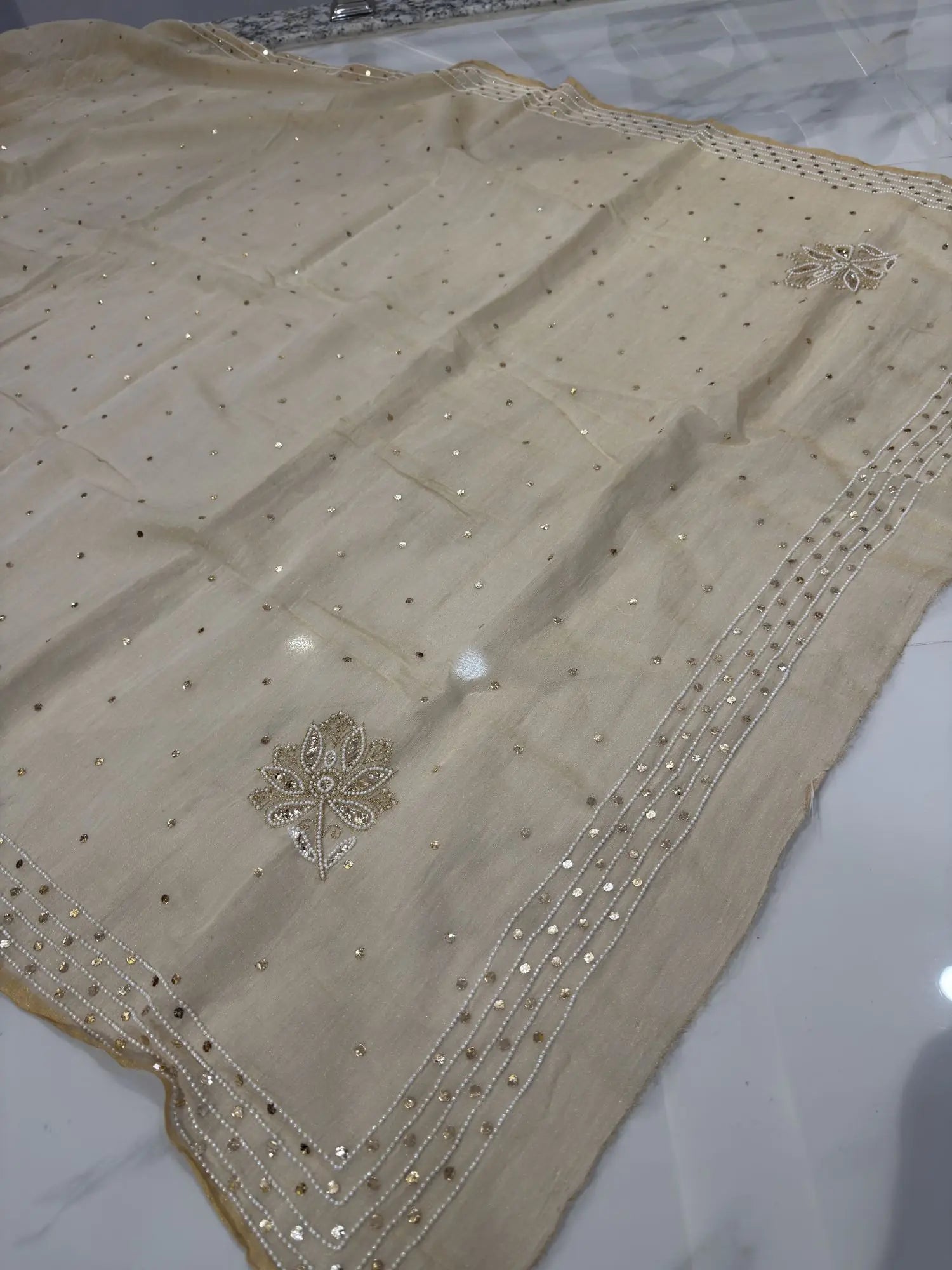 Pure Tissue Lucknowi lehenga dupatta with handcrafted pearl and Mukaish (Kamdani) work