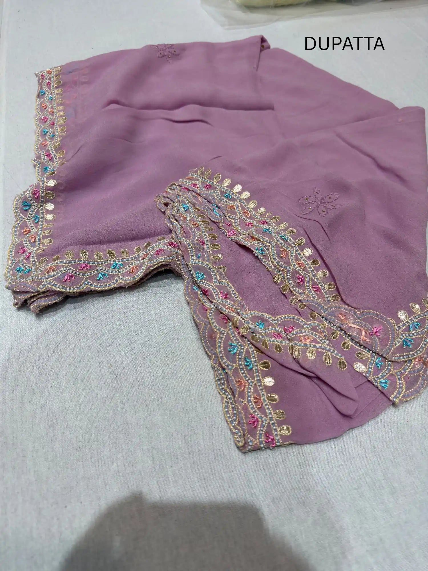 Mauve Chikankari Mukaish Parsi Zardozi dupatta with embroidered border