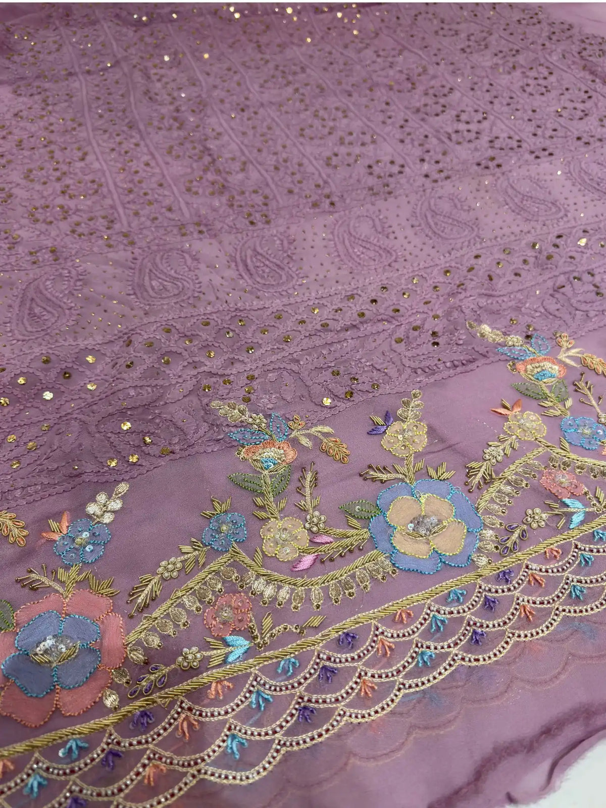 Mauve Chikankari Mukaish and Parsi Shadow Zardozi embroidery detail