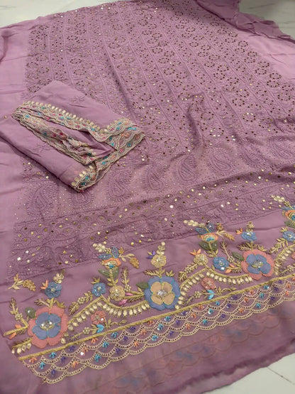 Mauve Chikankari Mukaish Parsi Zardozi suit front view