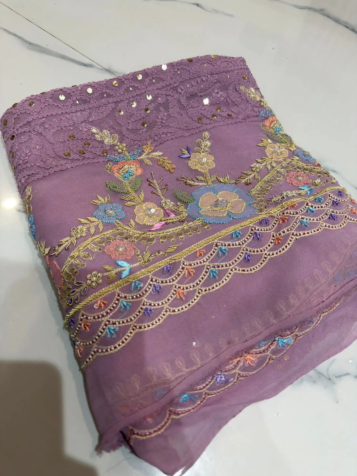 Mauve Chikankari Mukaish Parsi Zardozi unstitched suit