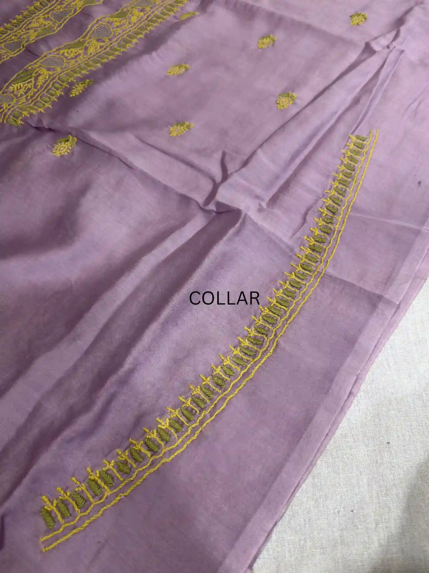Handcrafted mustard yellow and olive green Lucknowi Chikankari collar embroidery on premium Mauve Purple Chanderi Silk kurta fabric.