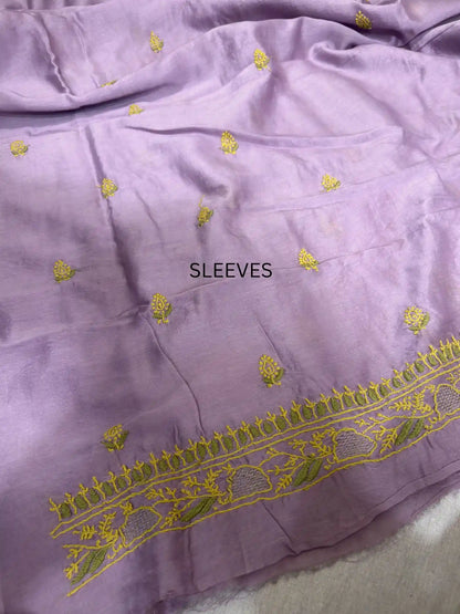 Elegant mustard yellow and olive green Lucknowi Chikankari sleeve embroidery on Mauve Purple Chanderi Silk unstitched kurta fabric.