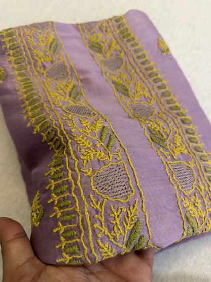 Mauve Purple Lucknowi Chikankari unstitched Chanderi Silk kurta fabric with mustard yellow and olive green hand embroidery for men and women.