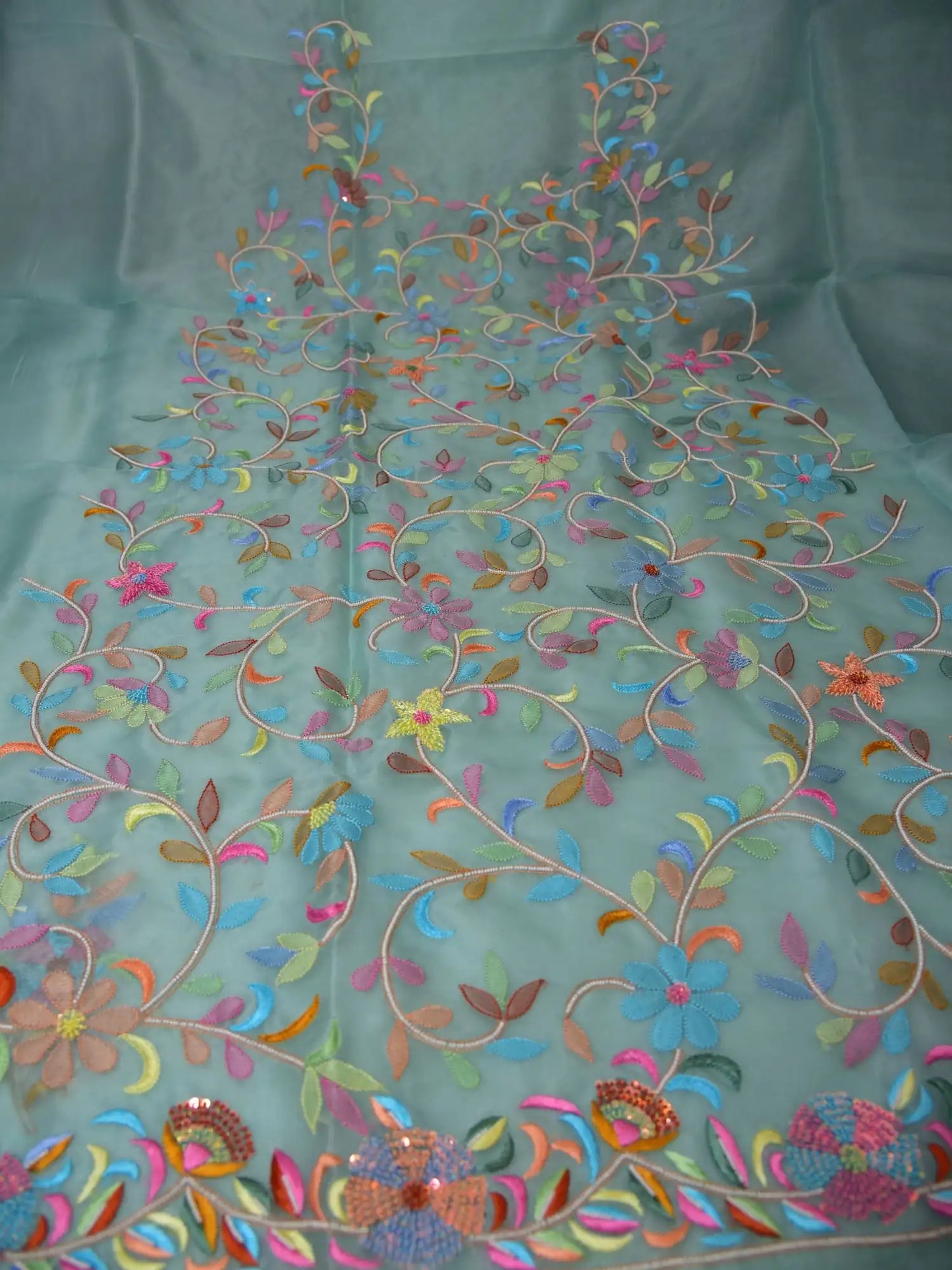 Mint green Pure Organza Silk straight suit with multicolour floral Parsi Shadow embroidery full