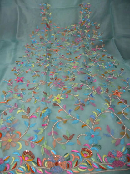 Mint green Pure Organza Silk straight suit with multicolour floral Parsi Shadow embroidery full