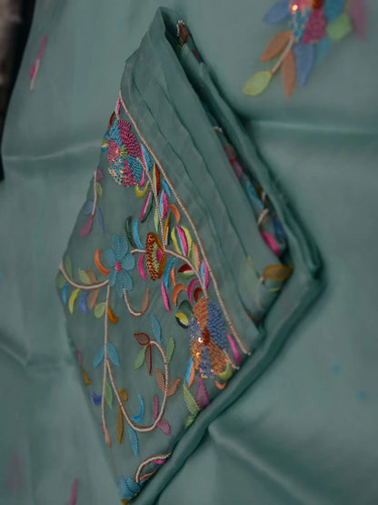 Side view of mint green Pure Organza Silk straight suit with floral embroidery