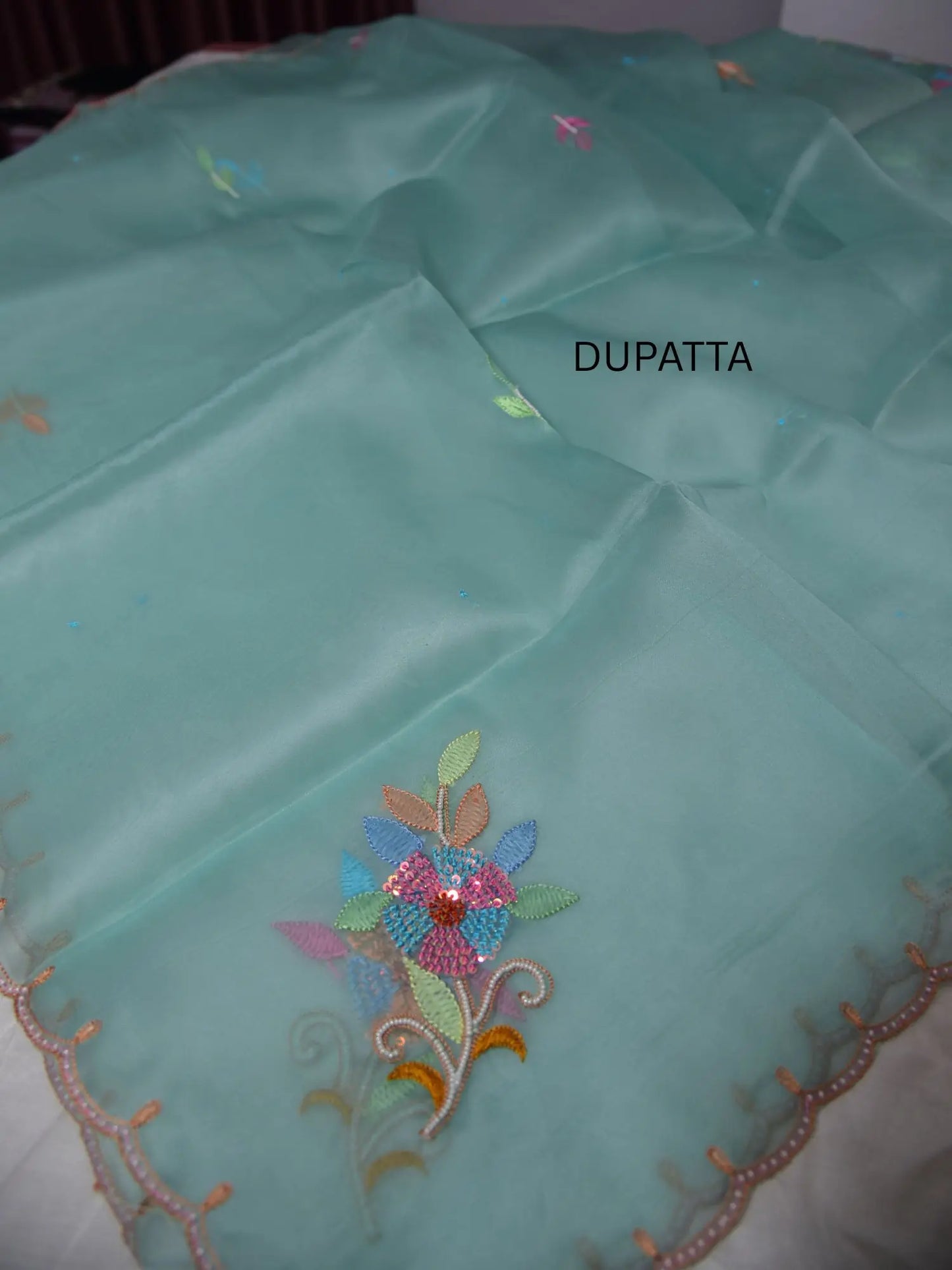 Mint green Pure Organza Silk dupatta with multicolour floral embroidery detailing