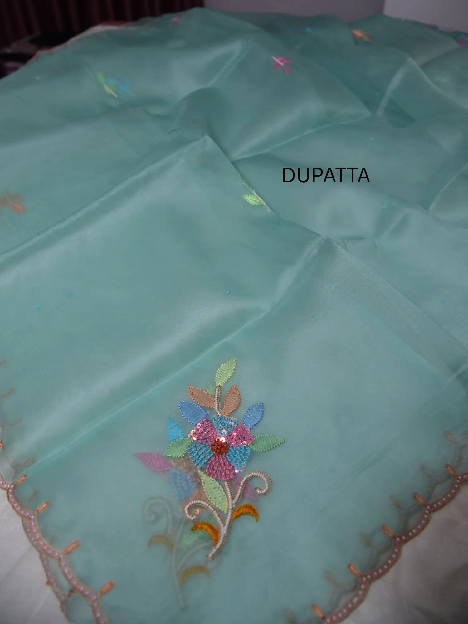 Mint green Pure Organza Silk dupatta with multicolour floral embroidery detailing