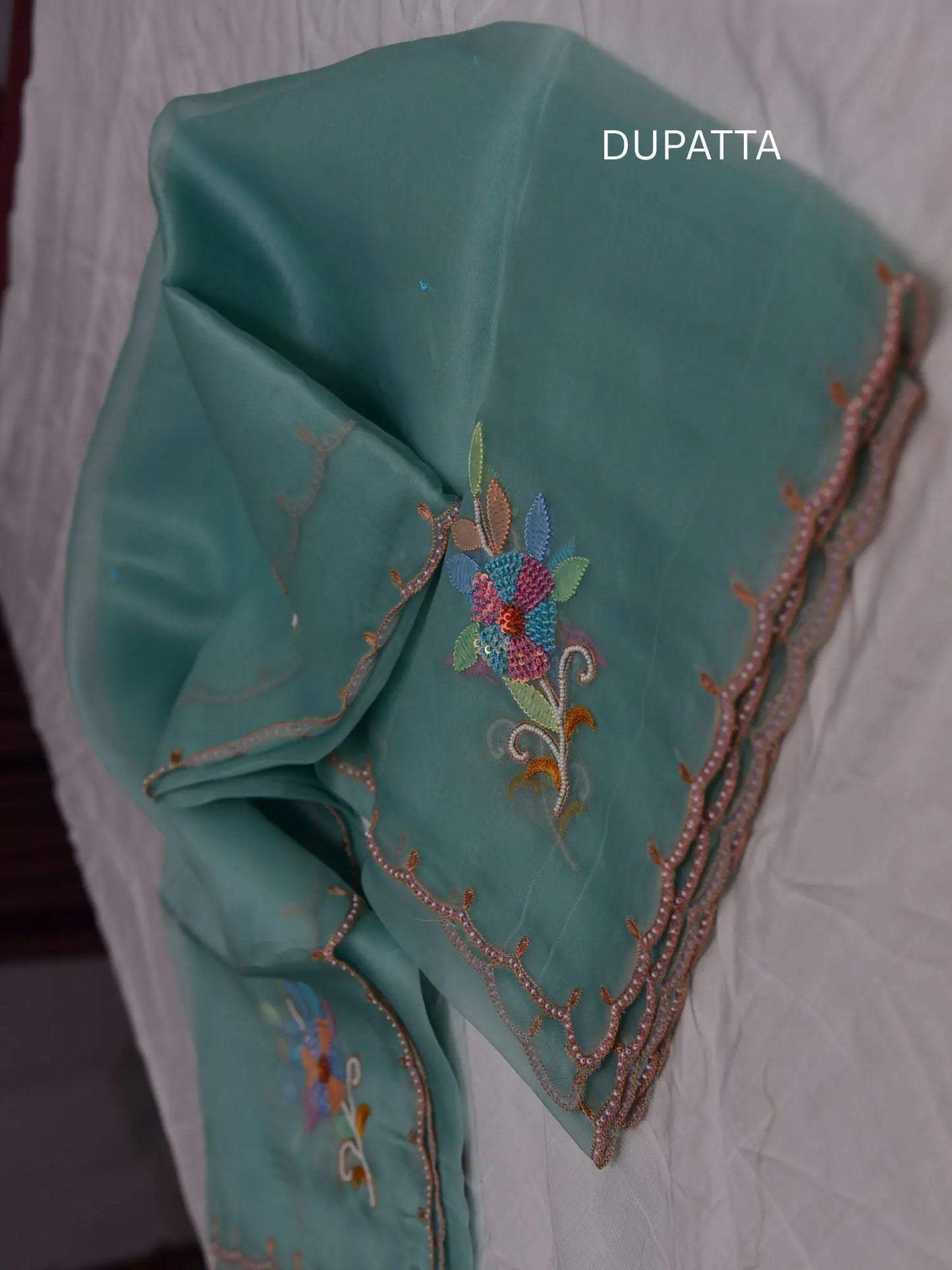 Mint green Pure Organza Silk dupatta with multicolour floral embroidery