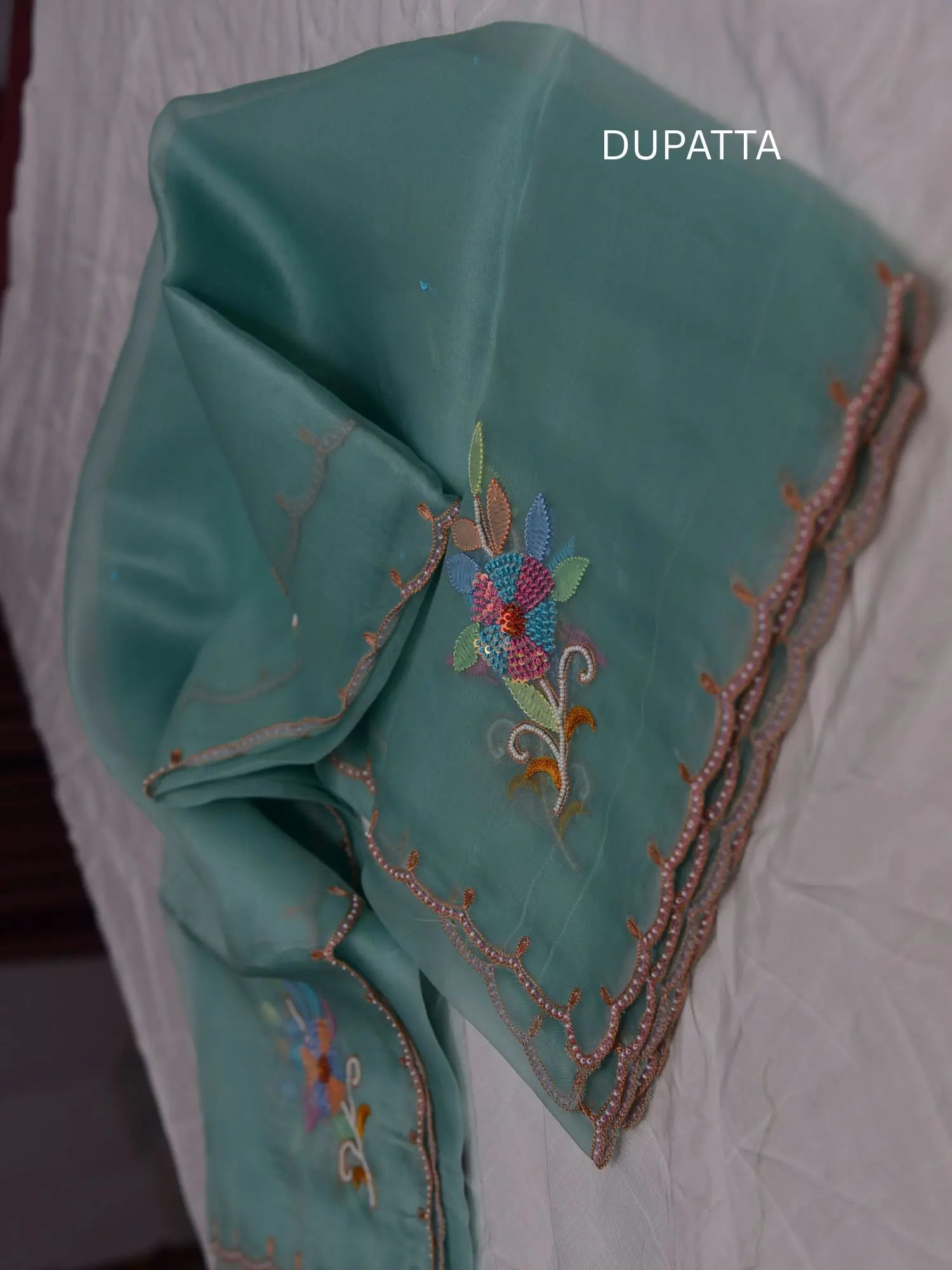 Mint green Pure Organza Silk dupatta with multicolour floral embroidery