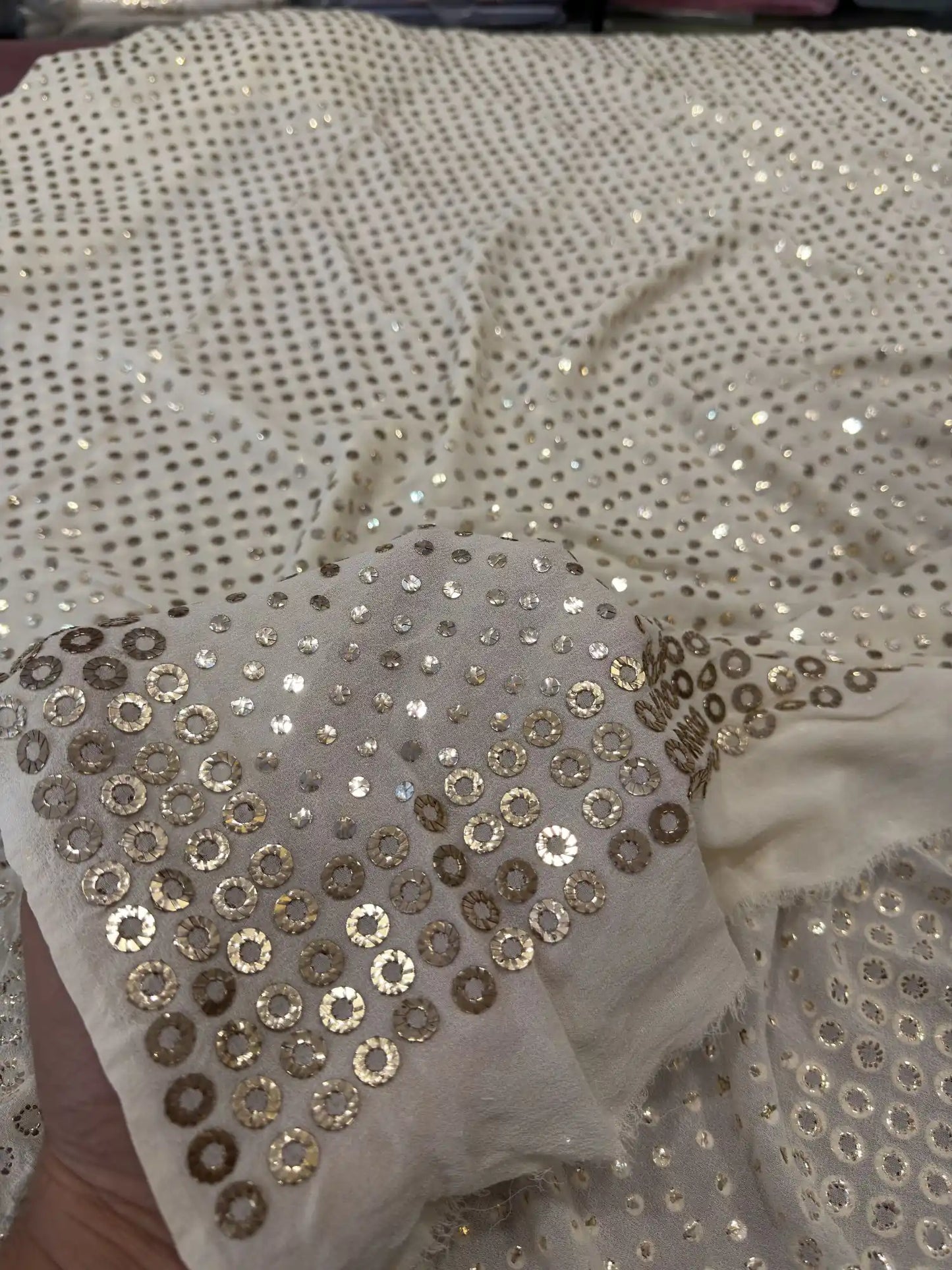 Handcrafted Mukaish dana border on a White Lucknowi Pure Georgette dupatta