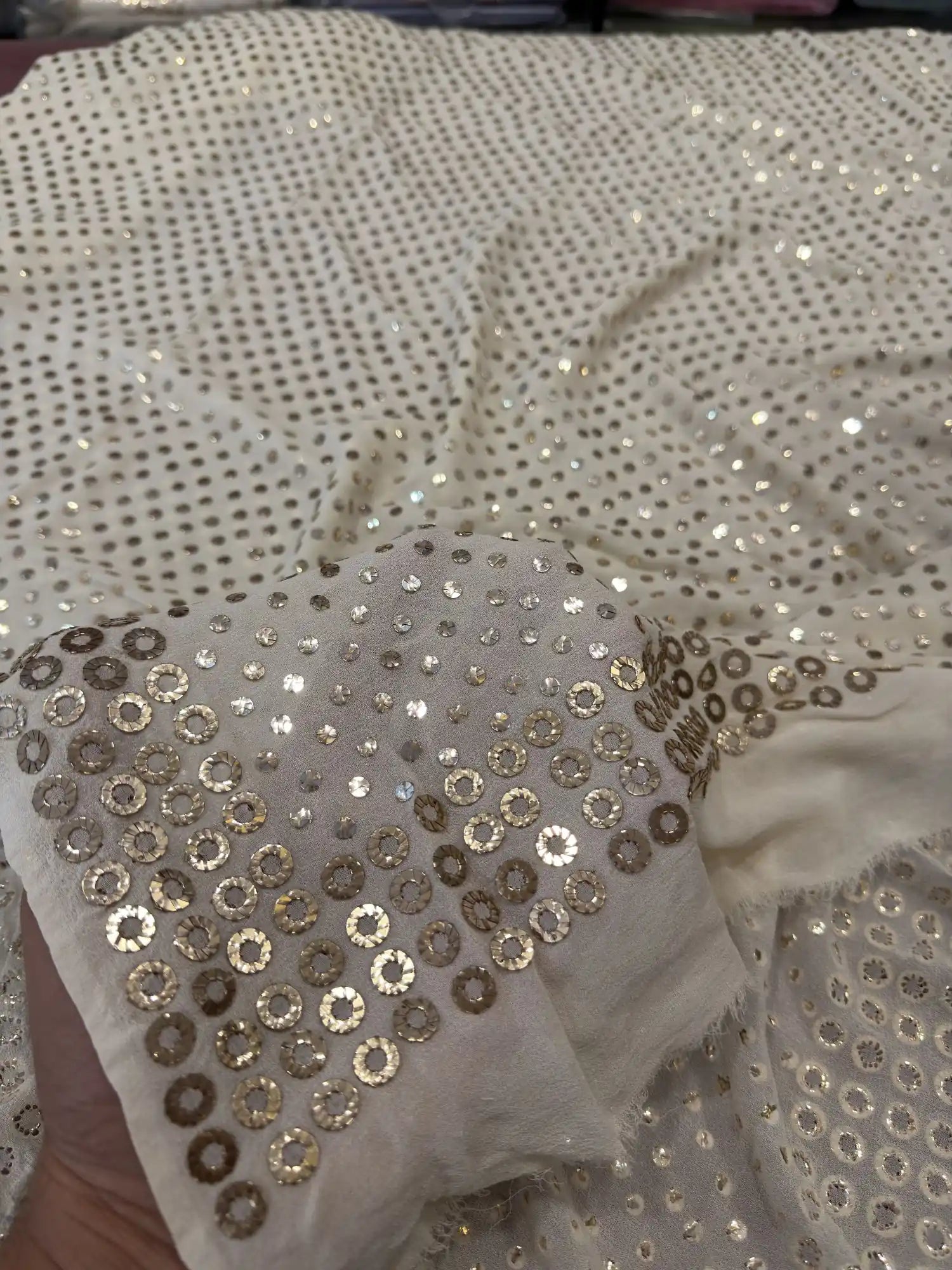 Handcrafted Mukaish dana border on a White Lucknowi Pure Georgette dupatta