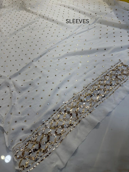 Sleeve detail featuring handcrafted Mukaish work on a Pure Georgette Lucknowi Kurta Set
