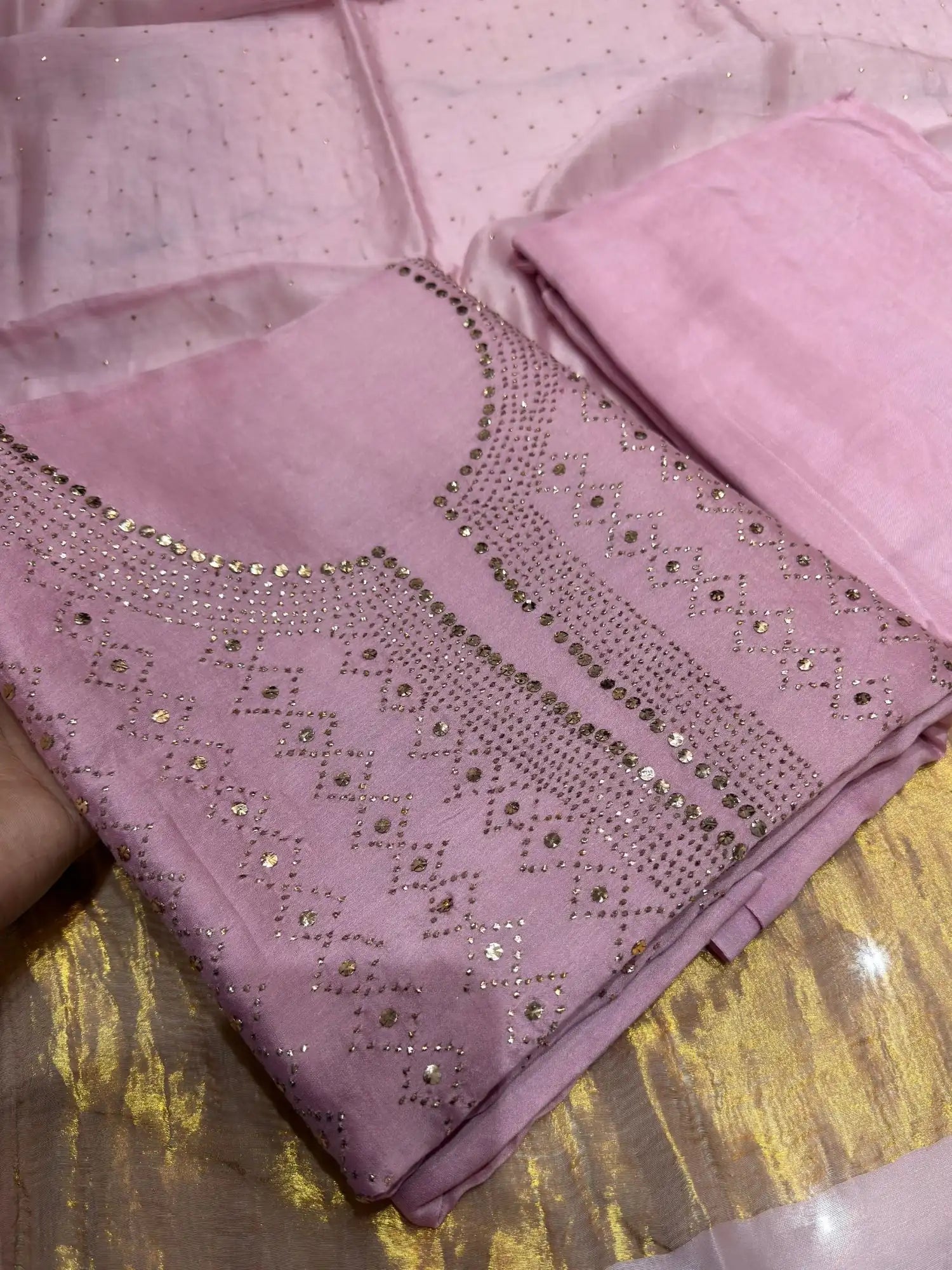 Pastel Onion Pink Chanderi Silk Mukaish Suit front view
