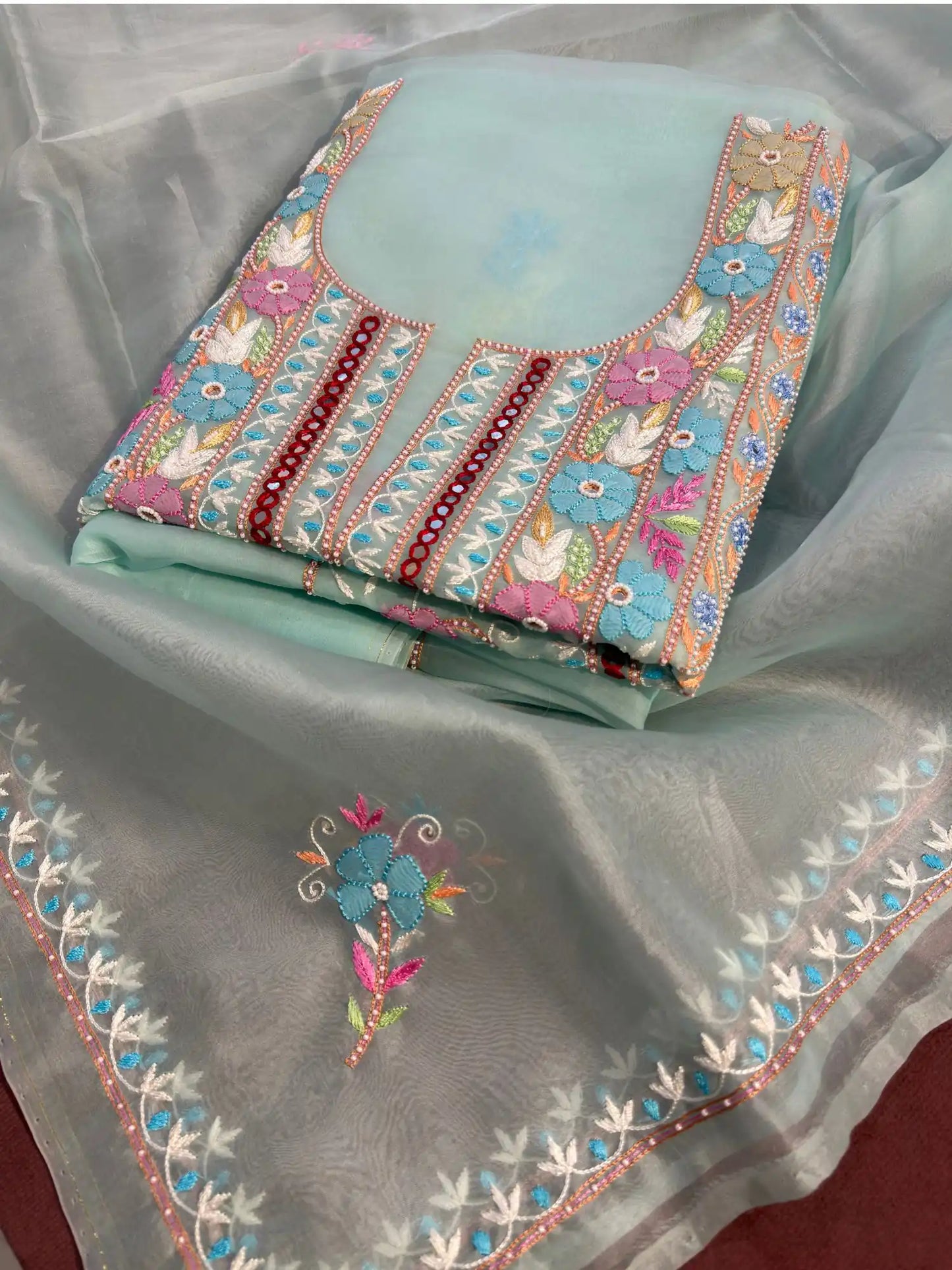 Pastel sea green Pure Organza straight suit with multicolour floral Parsi Shadow embroidery.