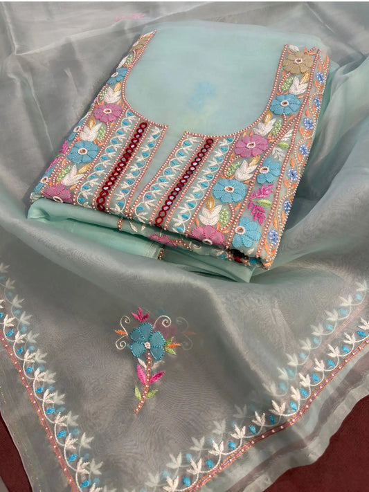 Pastel sea green Pure Organza straight suit with multicolour floral Parsi Shadow embroidery.