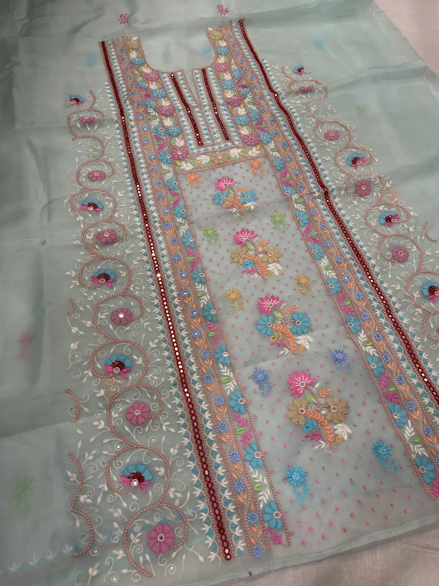 Pastel sea green Pure Organza straight suit with multicolour floral Parsi Shadow embroidery full 