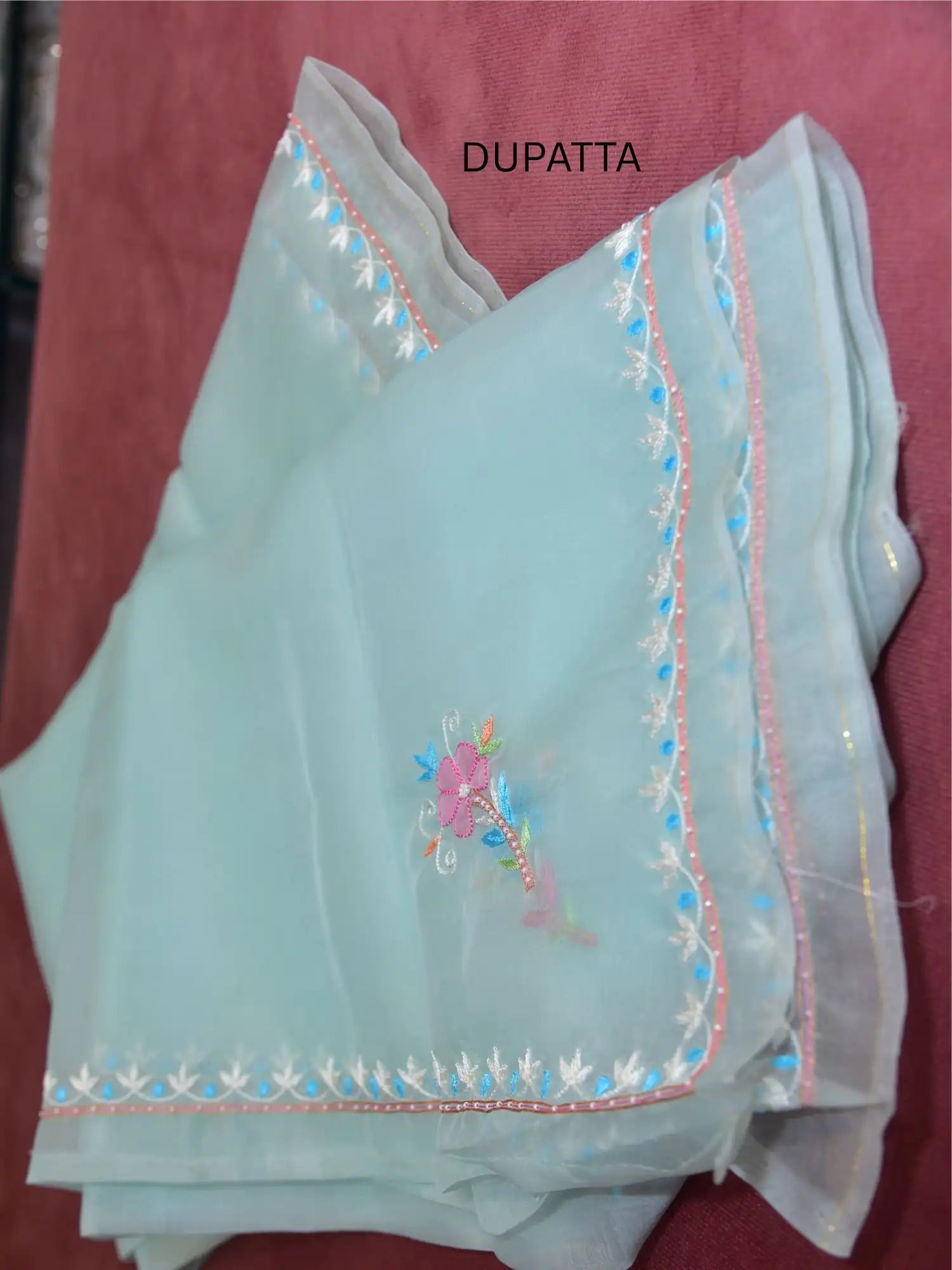 Pastel sea green Pure Organza dupatta from the embroidered 3-piece straight suit set