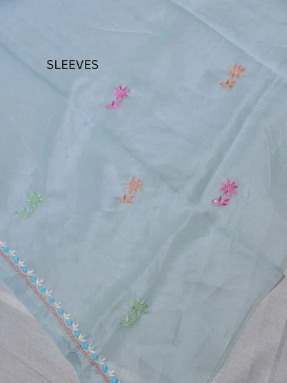 Full sleeve detail of pastel sea green Pure Organza suit with floral Parsi Shadow embroidery