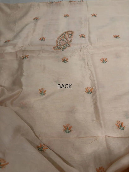 Delicate Lucknowi Chikankari back embroidery across Peach Blush Chanderi Silk unstitched kurta fabric with handcrafted detailing.