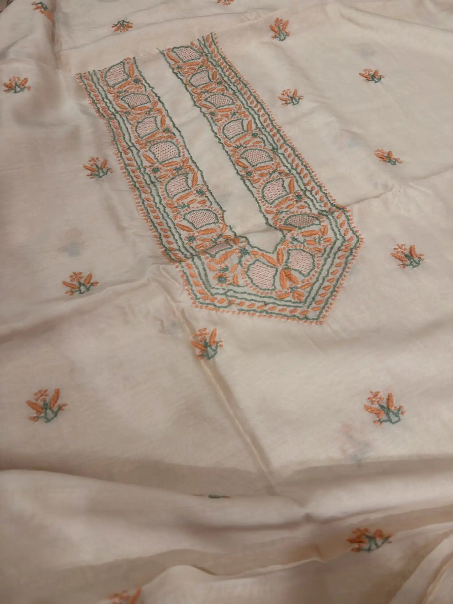 Peach Blush Lucknowi Chikankari unstitched Chanderi Silk kurta fabric with peach and green hand embroidery for men and women.