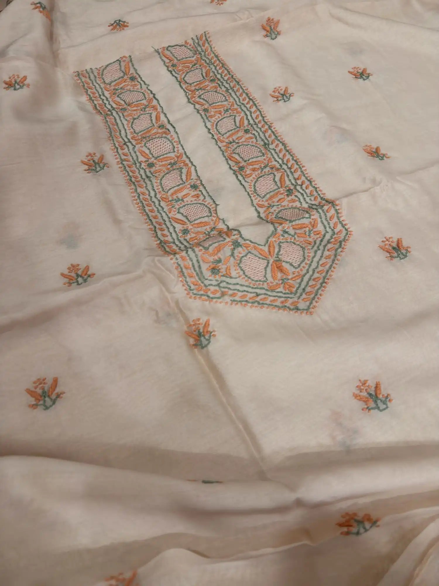 Peach Blush Lucknowi Chikankari unstitched Chanderi Silk kurta fabric with peach and green hand embroidery for men and women.